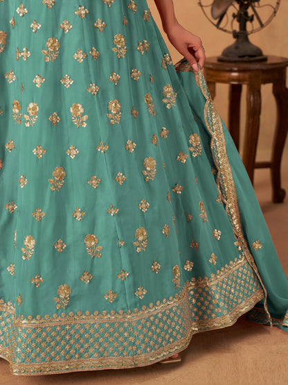 Women Blue Organza Traditional Lehenga