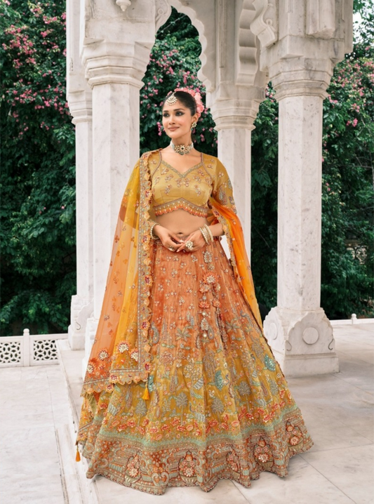 Effortless Orange Fancy Silk Bridal Lehenga