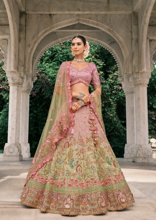 Flattering Pink Fancy Silk Bridal Lehenga