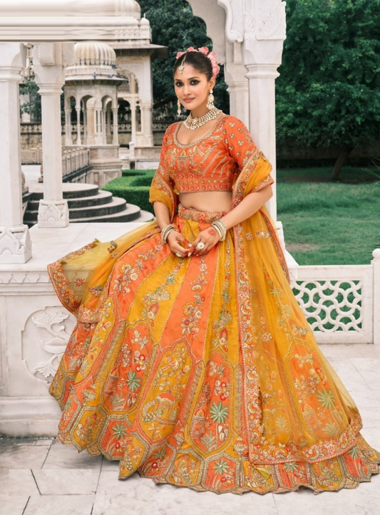 Statement-Making Orange Fancy Silk Bridal Lehenga