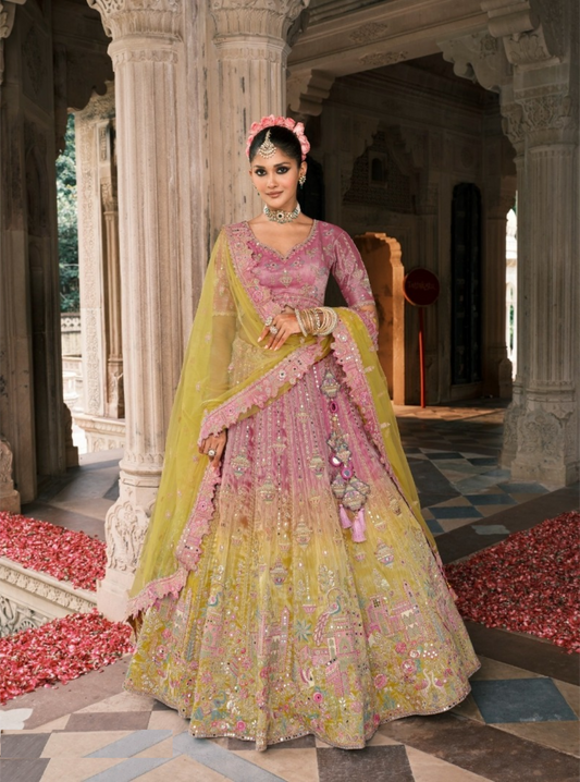 Beautiful Onion Pink Fancy Silk Bridal Lehenga
