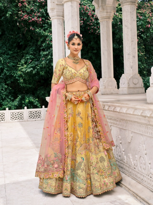 Fantastic Yellow Fancy Silk Bridal Lehenga