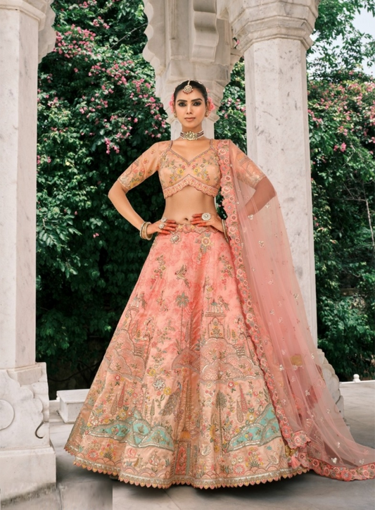 Gorgeous Peach Fancy Silk Bridal Lehenga