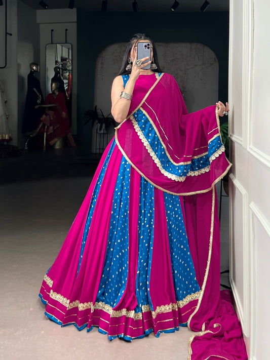 Women Pink And Blue Tussar Silk Bandhej Print Traditional Lehenga