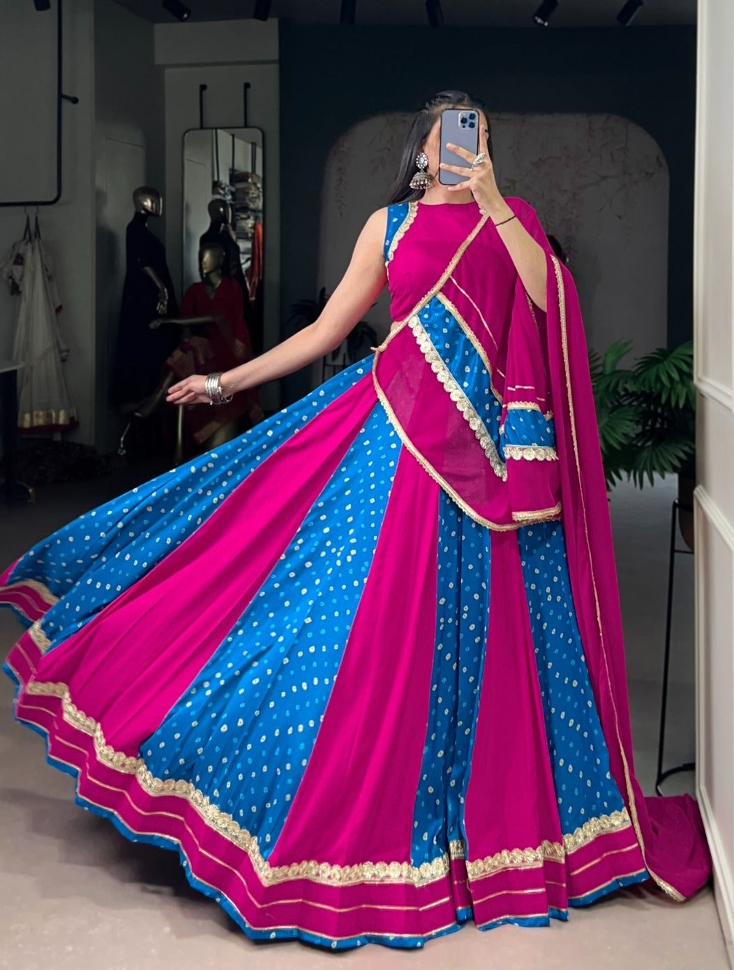 Women Pink And Blue Tussar Silk Bandhej Print Traditional Lehenga