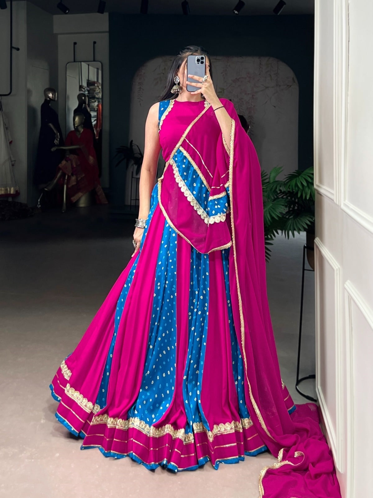 Women Pink And Blue Tussar Silk Bandhej Print Traditional Lehenga