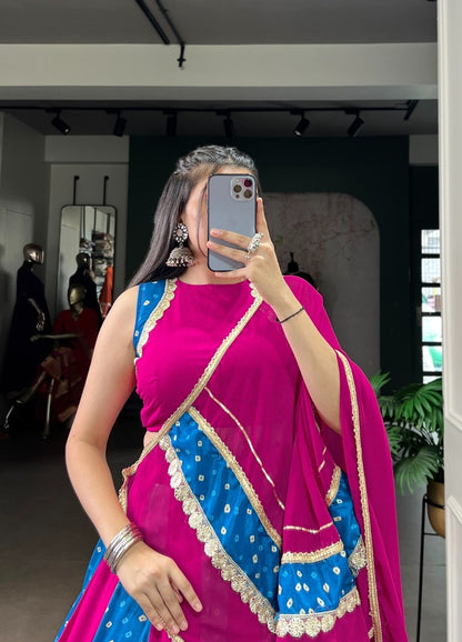 Women Pink And Blue Tussar Silk Bandhej Print Traditional Lehenga
