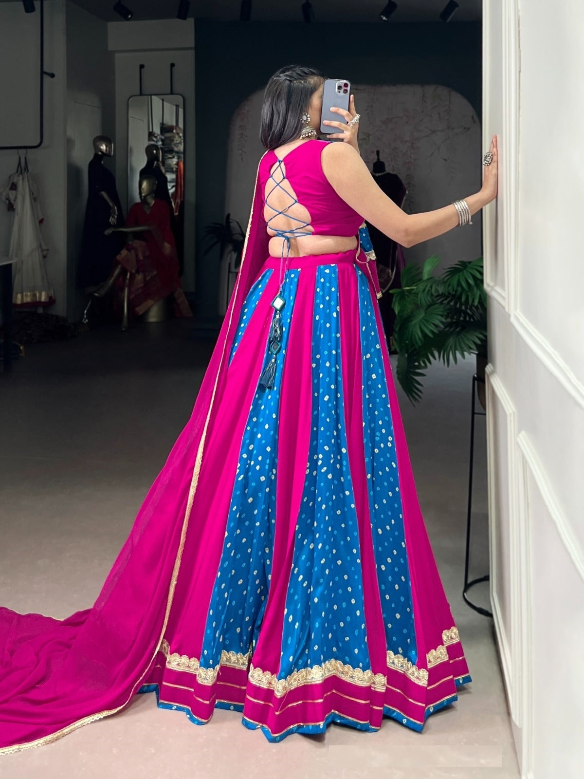 Women Pink And Blue Tussar Silk Bandhej Print Traditional Lehenga