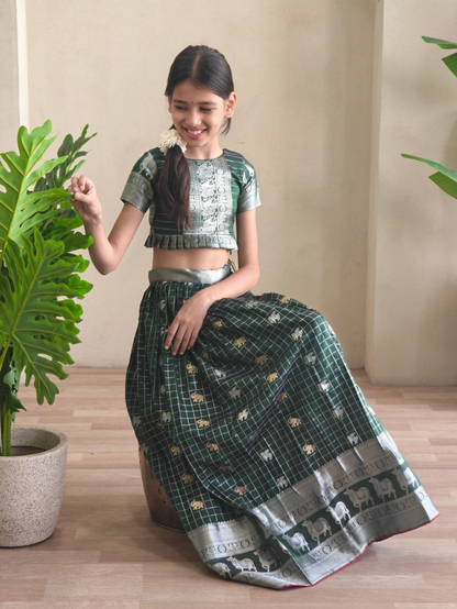 Lovely Bottle Green Soft Silk Kanchipuram Kids Lehenga