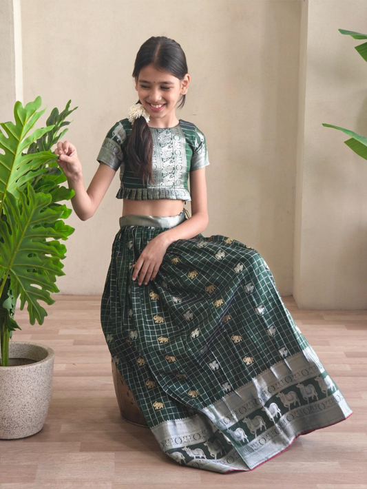 Lovely Bottle Green Soft Silk Kanchipuram Kids Lehenga