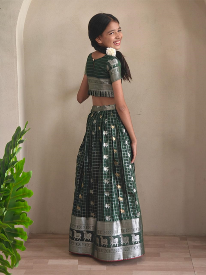 Lovely Bottle Green Soft Silk Kanchipuram Kids Lehenga
