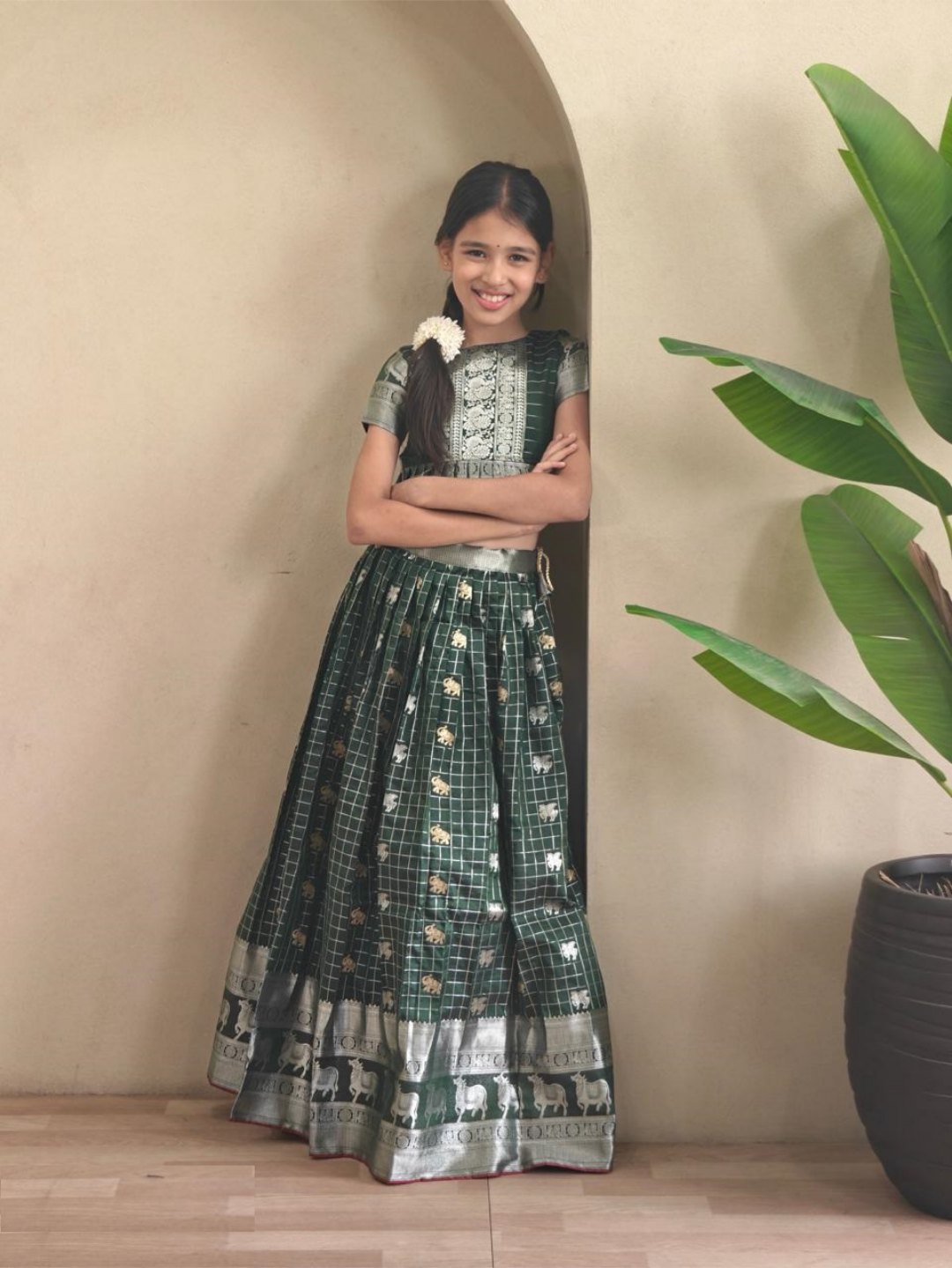 Lovely Bottle Green Soft Silk Kanchipuram Kids Lehenga