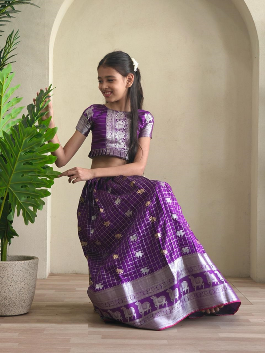 Spectacular Purple Soft Silk Kanchipuram Kids Lehenga