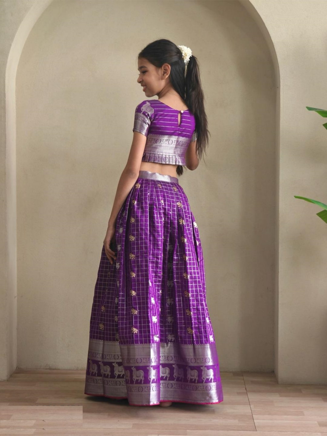 Spectacular Purple Soft Silk Kanchipuram Kids Lehenga