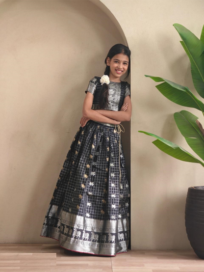 Captivating Black Soft Silk Kanchipuram Kids Lehenga