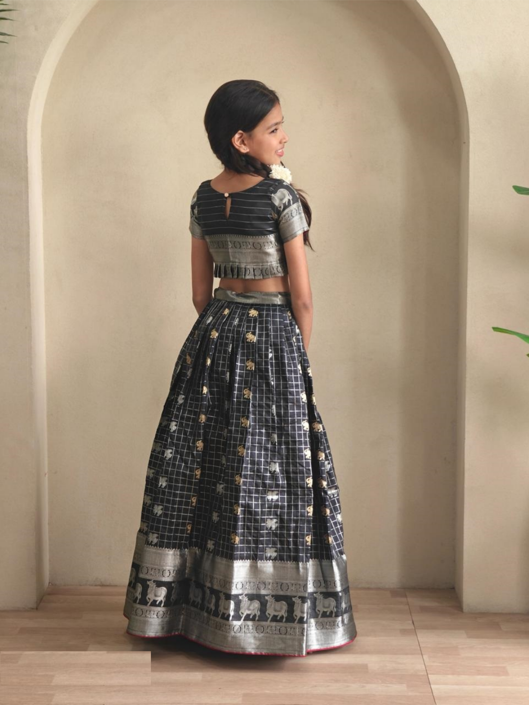 Captivating Black Soft Silk Kanchipuram Kids Lehenga