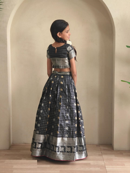 Captivating Black Soft Silk Kanchipuram Kids Lehenga