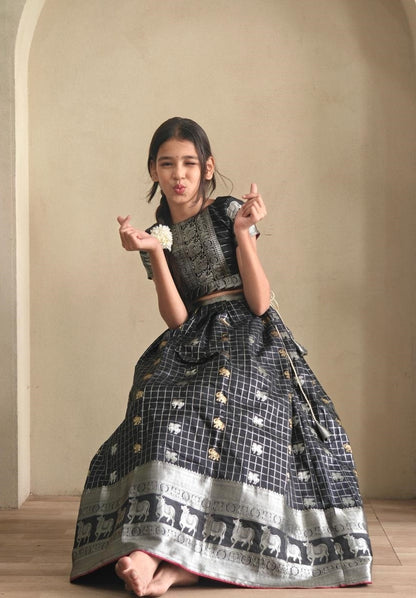 Captivating Black Soft Silk Kanchipuram Kids Lehenga