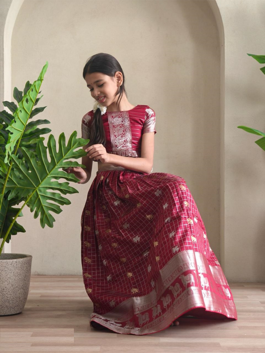 Pretty Maroon Soft Silk Kanchipuram Kids Lehenga