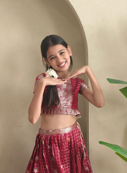 Pretty Maroon Soft Silk Kanchipuram Kids Lehenga