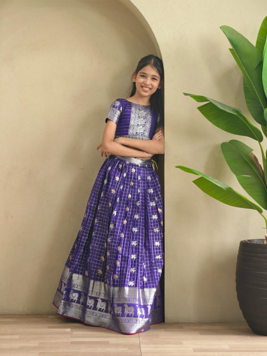 Charming Royal Blue Soft Silk Kanchipuram Kids Lehenga