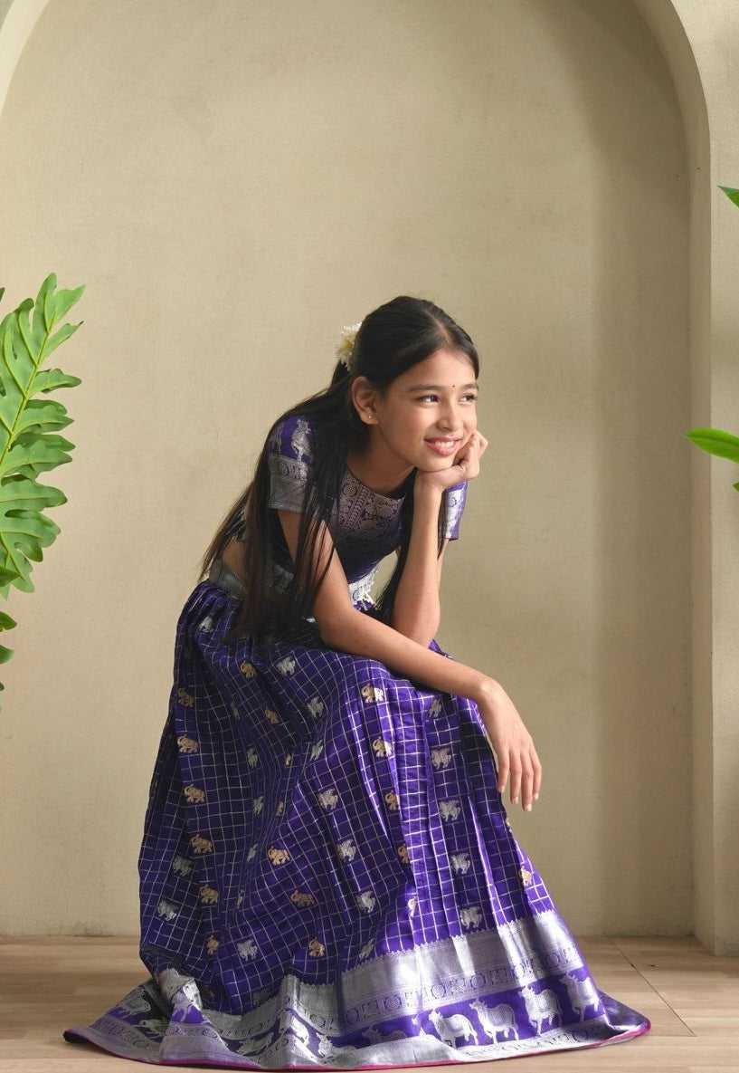Charming Royal Blue Soft Silk Kanchipuram Kids Lehenga