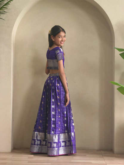 Charming Royal Blue Soft Silk Kanchipuram Kids Lehenga