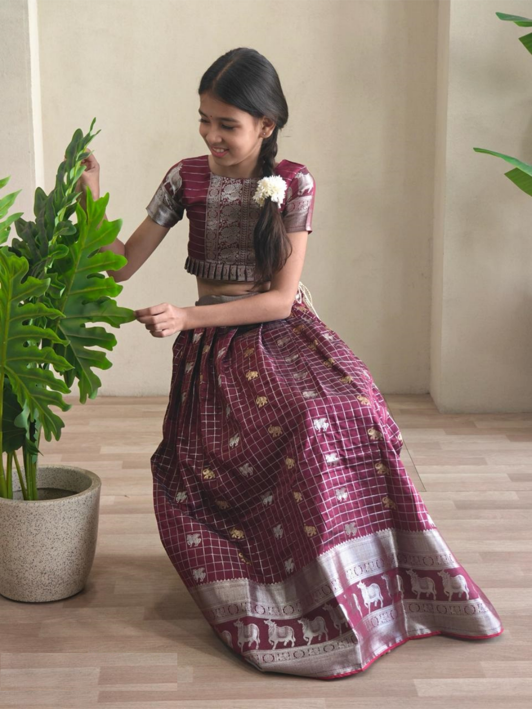 Comfy Wine Soft Silk Kanchipuram Kids Lehenga