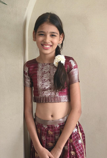 Comfy Wine Soft Silk Kanchipuram Kids Lehenga