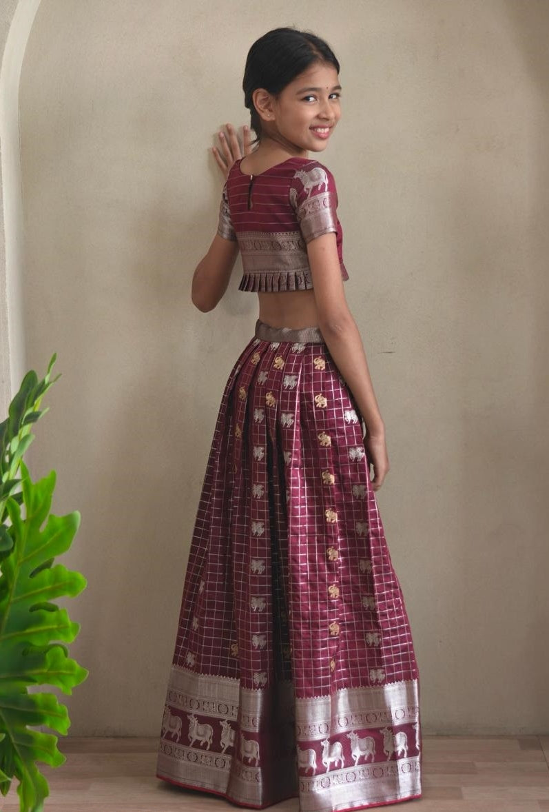 Comfy Wine Soft Silk Kanchipuram Kids Lehenga