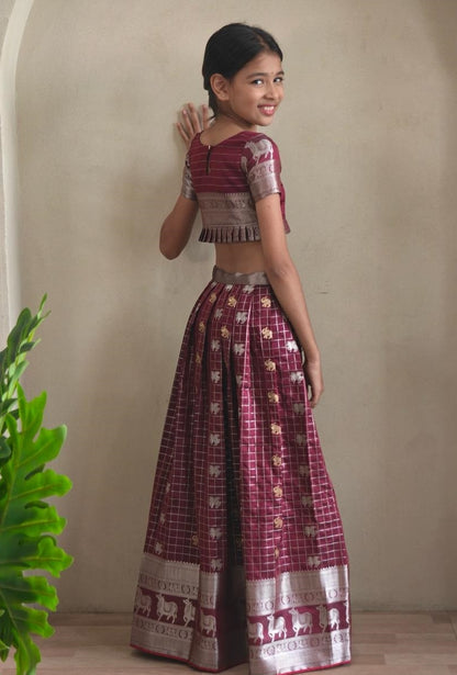 Comfy Wine Soft Silk Kanchipuram Kids Lehenga