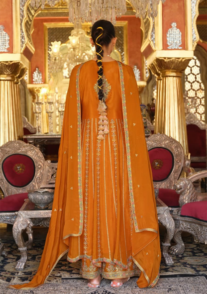 Women Orange Heavy Chinon Palazzo Bottom Suit Set