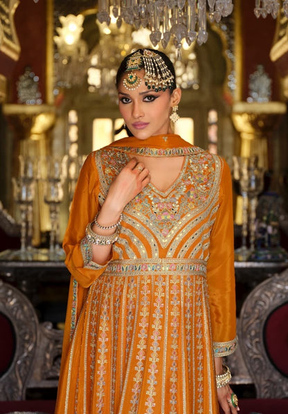Women Orange Heavy Chinon Palazzo Bottom Suit Set