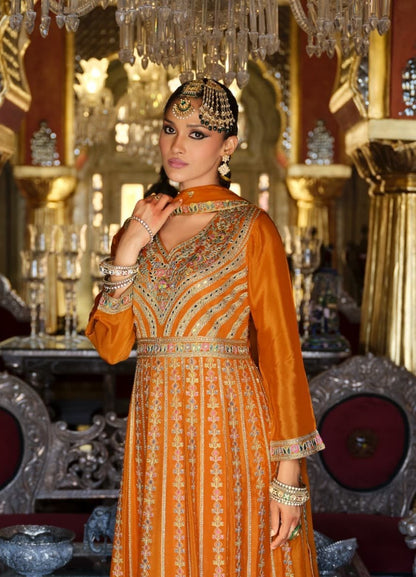 Women Orange Heavy Chinon Palazzo Bottom Suit Set