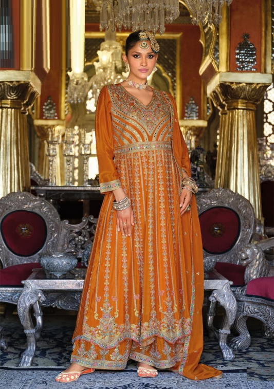 Women Orange Heavy Chinon Palazzo Bottom Suit Set