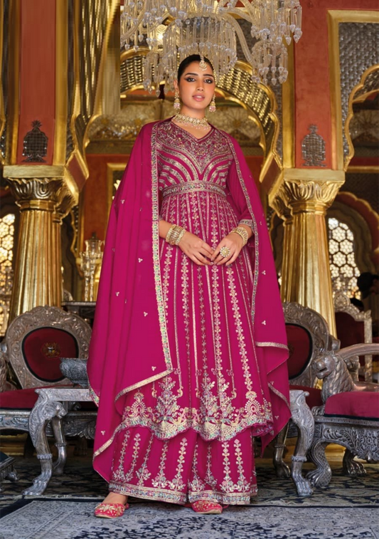 Women Pink Heavy Chinon Palazzo Bottom Suit Set