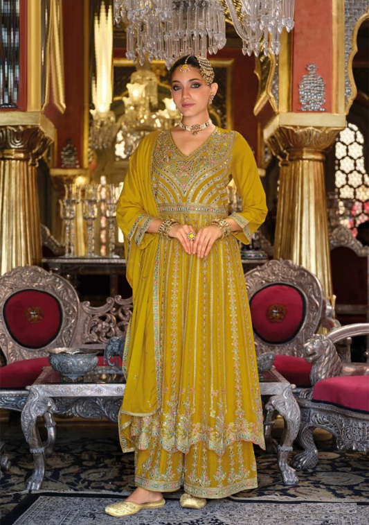 Women Mustard Heavy Chinon Palazzo Bottom Suit Set