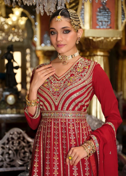 Women Maroon Heavy Chinon Palazzo Bottom Suit Set