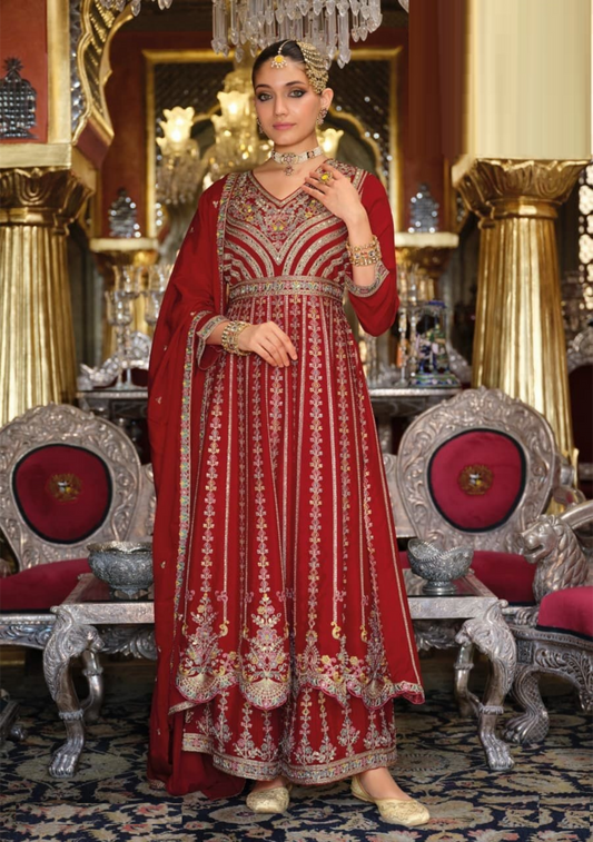 Women Maroon Heavy Chinon Palazzo Bottom Suit Set
