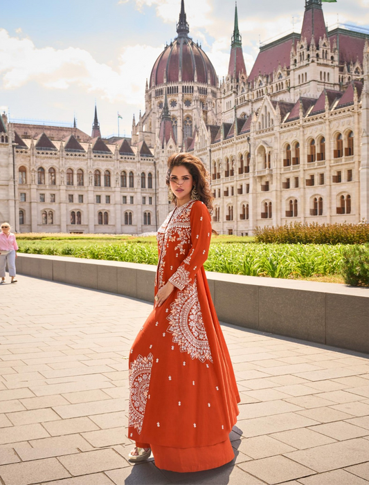 Avant-Garde Rust Silk Front Slit Salwar Suit Set