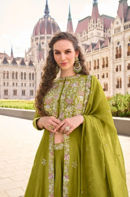 Amazing Green Silk Front Slit Salwar Suit Set