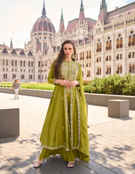 Amazing Green Silk Front Slit Salwar Suit Set