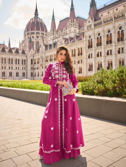 Beautiful Pink Silk Front Slit Salwar Suit Set