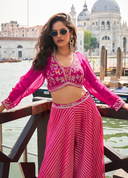 Women Pink Viscose Jacquard Silk With Embroidery Work	 Indo Western Outfit Dress