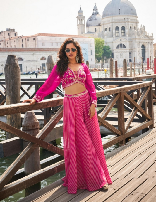 Women Pink Viscose Jacquard Silk With Embroidery Work	 Indo Western Outfit Dress