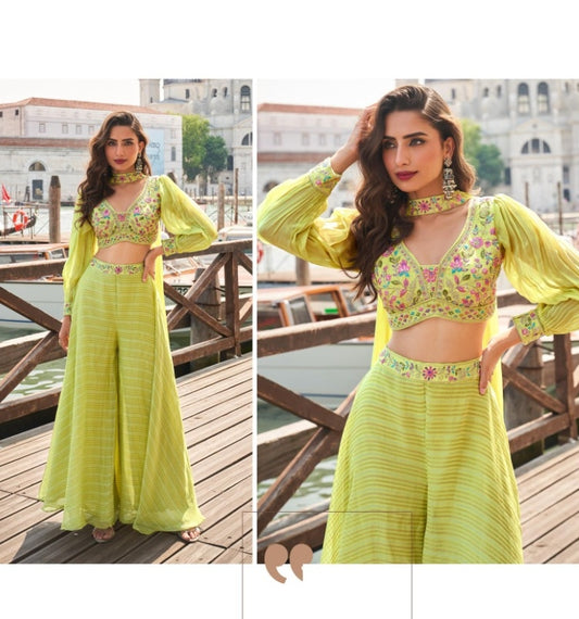 Women Light Yellow Viscose Jacquard Silk With Embroidery Work	 Indo Western Outfit Dress
