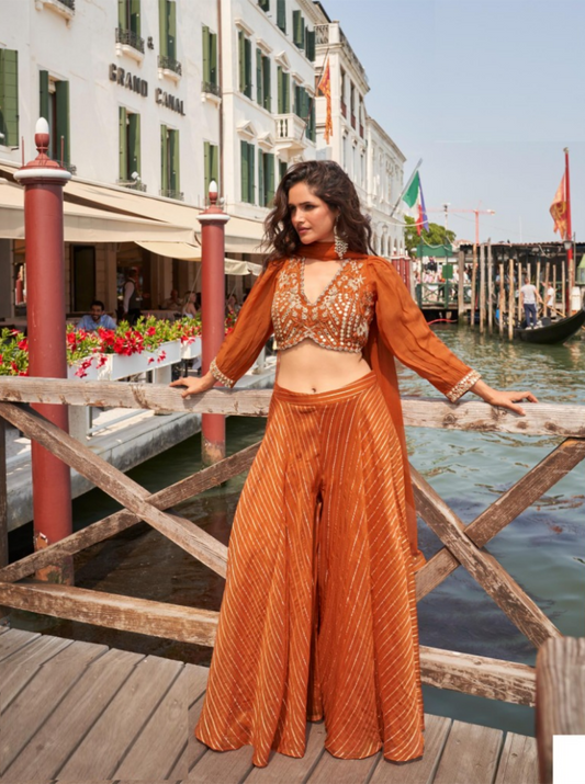 Women Rust Viscose Jacquard Silk With Embroidery Work	 Indo Western Outfit Dress