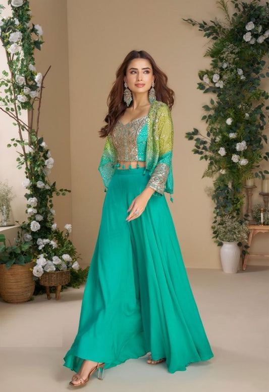 Women Teal Real Chinon Silk Indo Western Outfit Dress