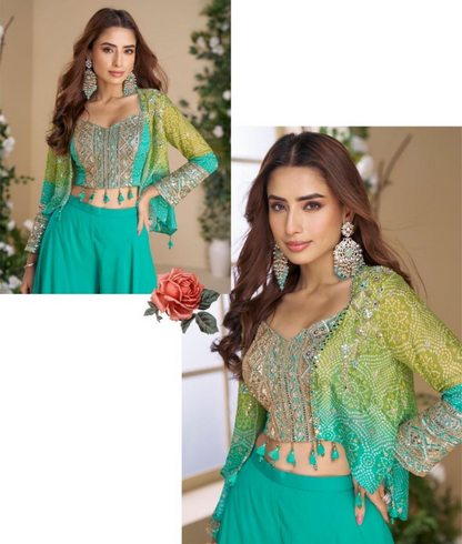 Women Teal Real Chinon Silk Indo Western Outfit Dress