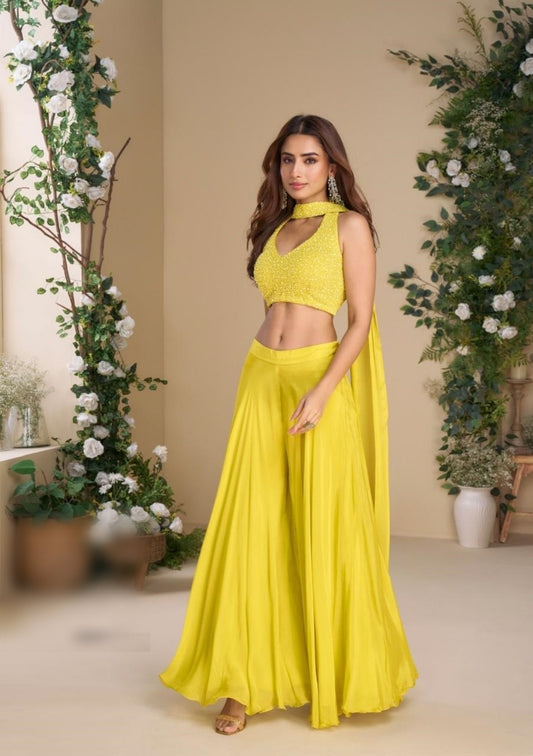 Women Yellow Real Chinon Silk Indo Western Outfit Dress